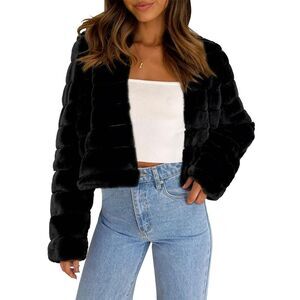Winter Warm Cropped Jacket Collarless Faux Fur Fluffy Coat Black
